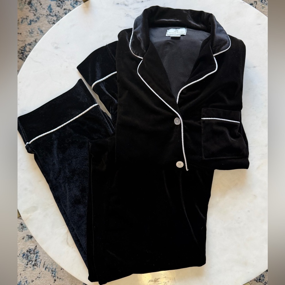 Women's Black Velvet Pajama Set with Contrast Piping